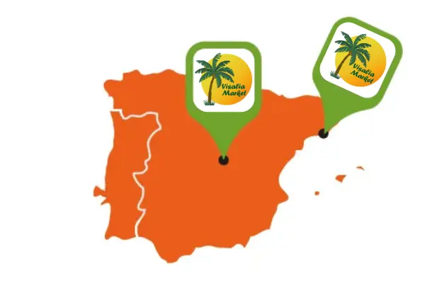 Mapa de España con los almacenes de Visalia Market en Madrid y Barcelona