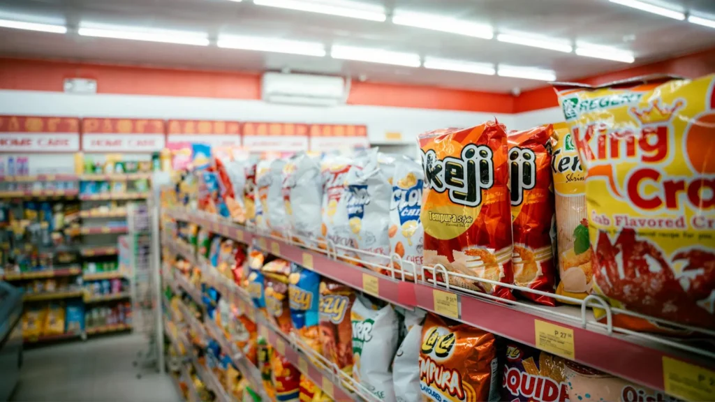 Lineal de supermercado con snacks y productos de importación